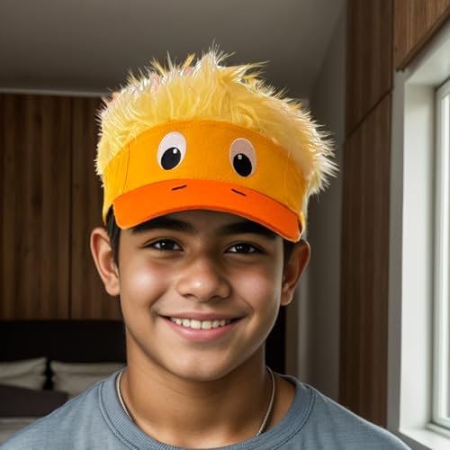 Popfizzy Funny Duck Hat with Hair for Boys and Girls, Wig Hat, Crazy Spiked Hair Cap, Adjustable One Size
