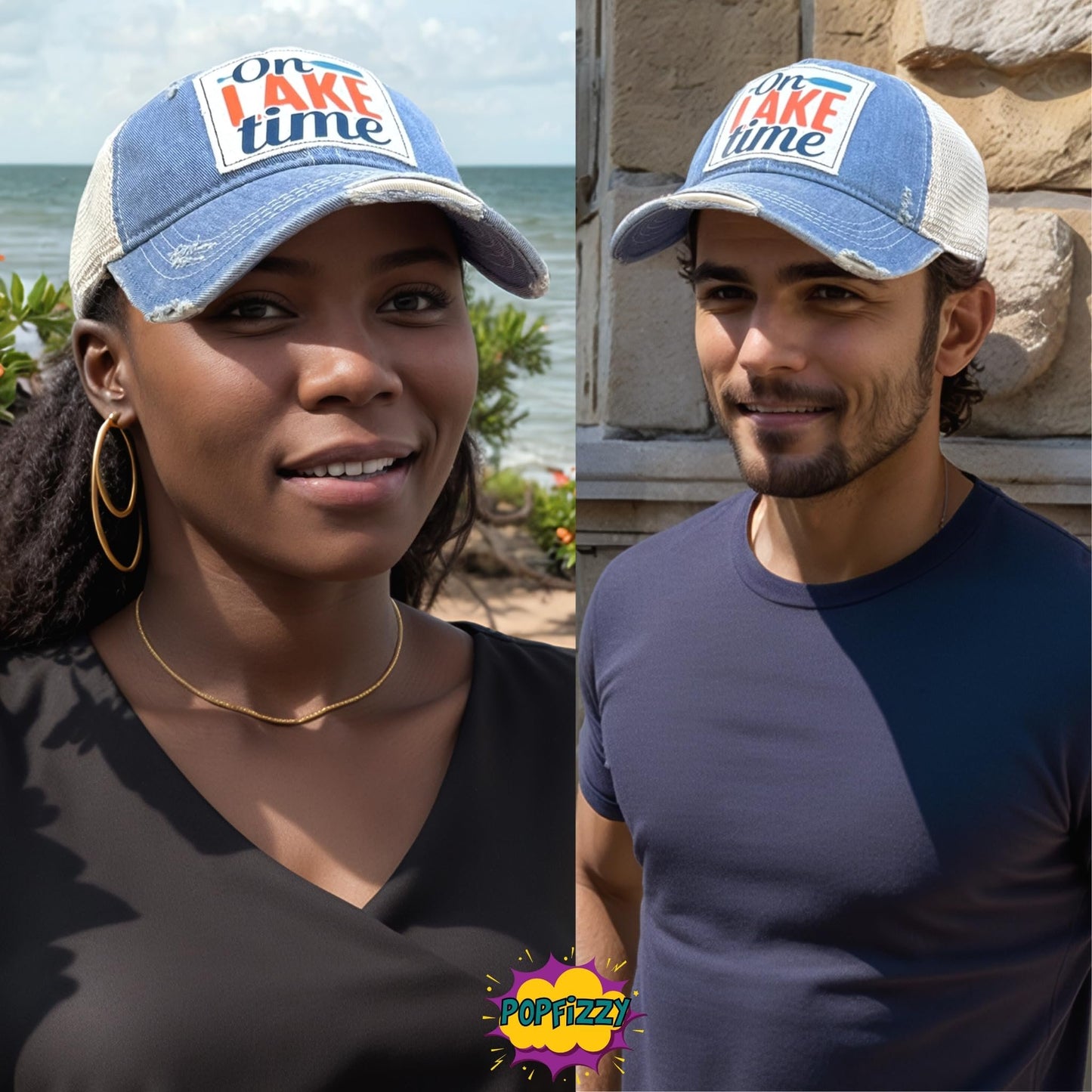 Popfizzy On Lake Time Hat, Funny Vintage Trucker Hat, Mesh Back Baseball Cap, Lake Life Gifts for Women and Men (Light Blue)