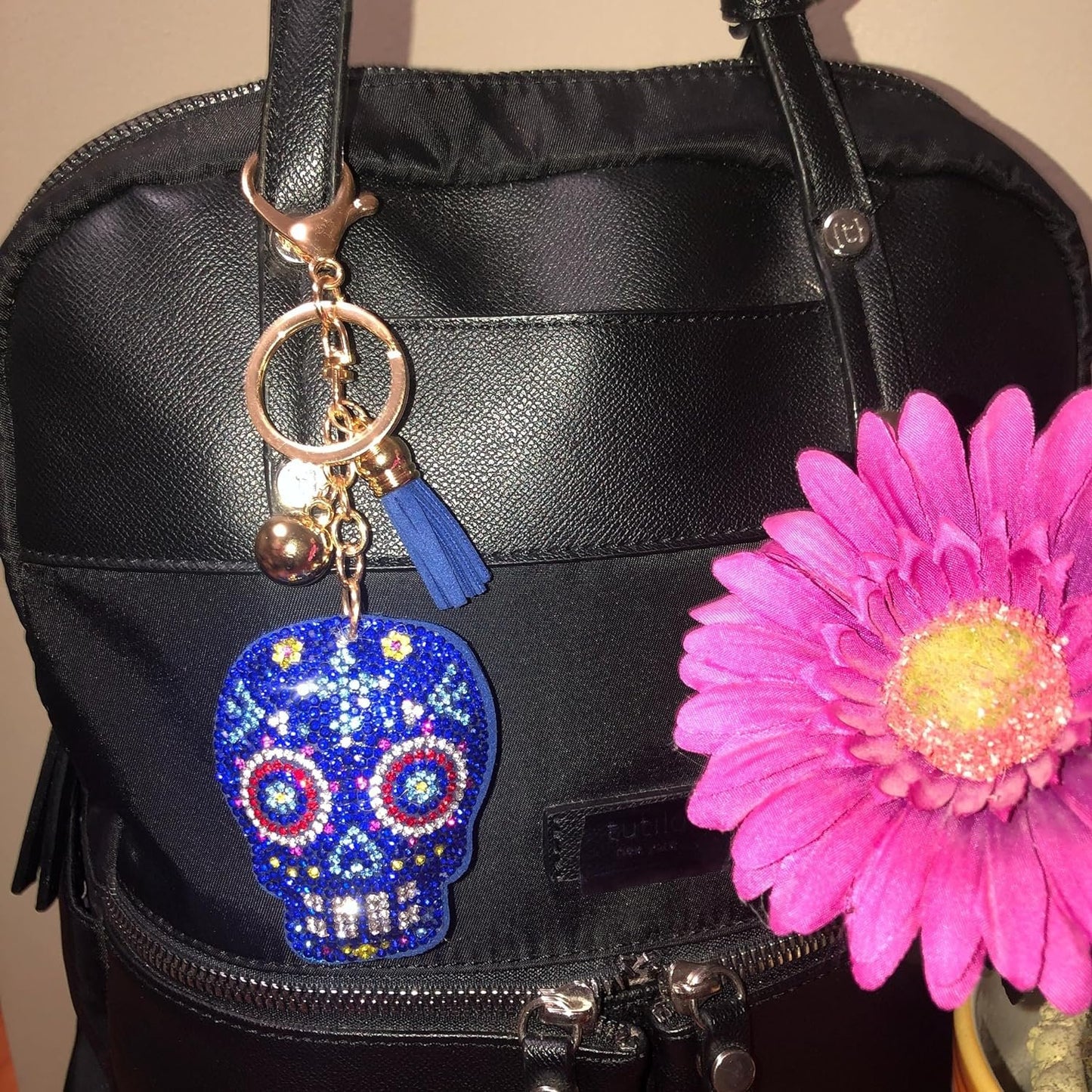 Popfizzy Rhinestone Blue Sugar Skull Keychain for Women and Girls, Bling Sugar Skull Gifts