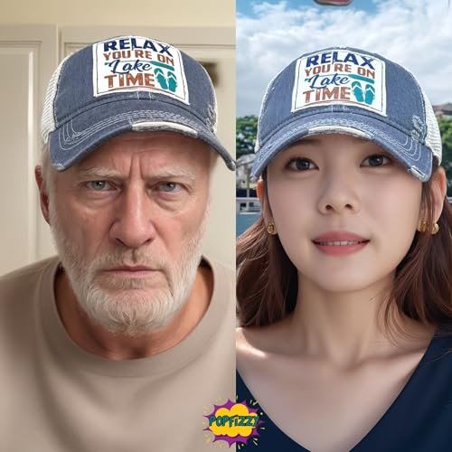 Popfizzy Relax You're on Lake Time Hat, Vintage Trucker Hat, Mesh Back Baseball Cap, Lake Life Gifts for Women and Men (Navy)