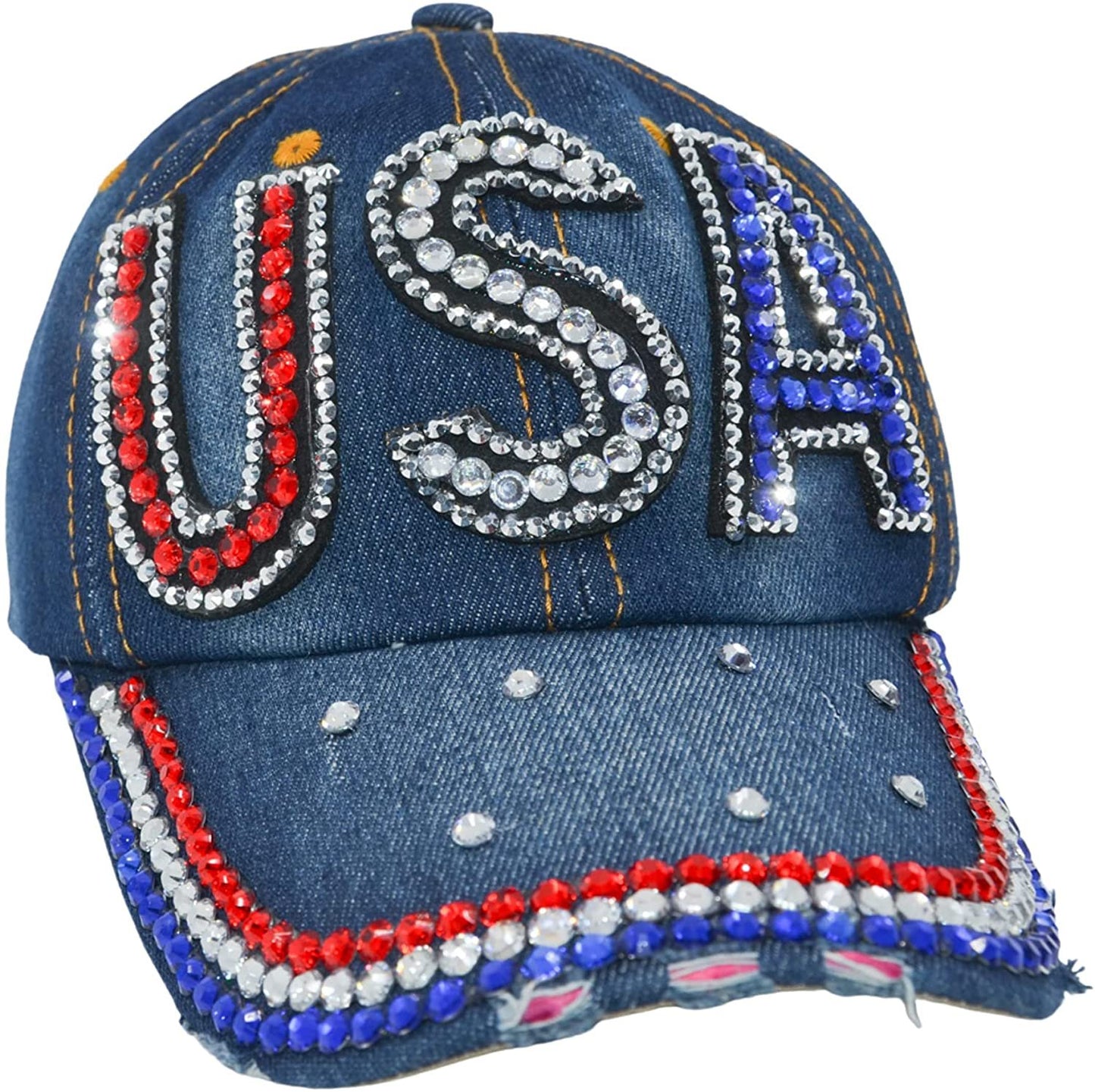 USA Hat Women’s Distressed Bling Rhinestone Patriotic Baseball Cap