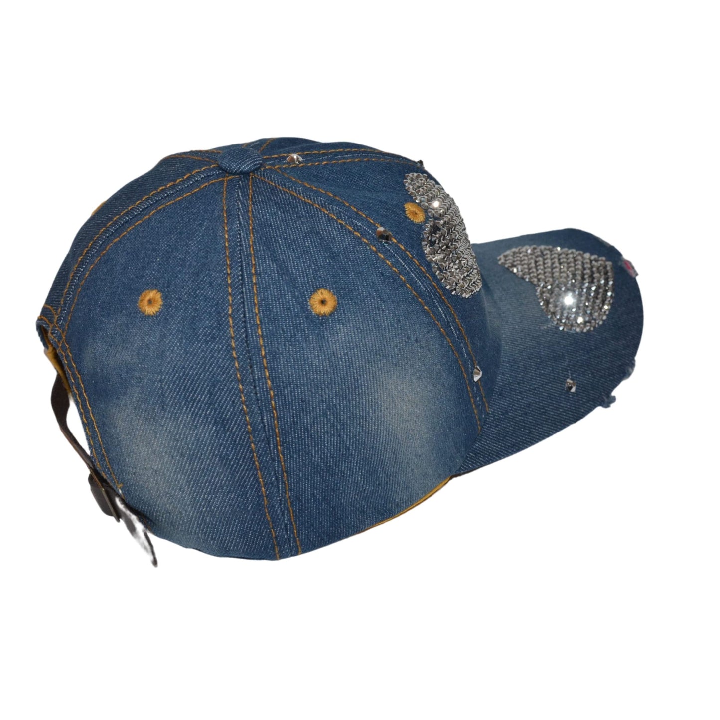 Popfizzy Bling Hat with Hearts for Women and Girls, Rhinestone Heart Hat, Bedazzled Baseball Caps, Fancy Bejeweled Hats, Distressed Denim Hat, Bling Gift for Women