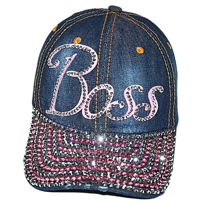 Bling Boss Rhinestone Denim Baseball Hat, Sassy Blue Distressed Cap for Women, Adult