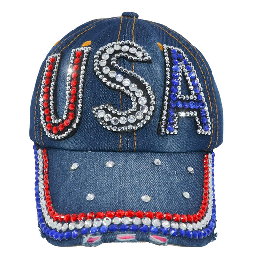 USA Hat Women’s Distressed Bling Rhinestone Patriotic Baseball Cap