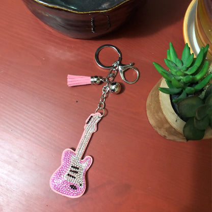 Popfizzy Rhinestone Pink Guitar Keychain for Women, Purse Charm, Bag Charm, Gift for Music Fans