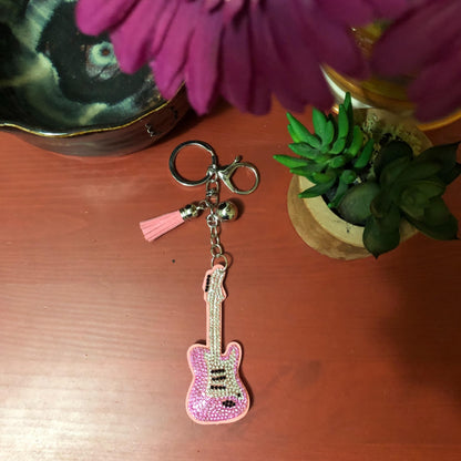 Popfizzy Rhinestone Pink Guitar Keychain for Women, Purse Charm, Bag Charm, Gift for Music Fans