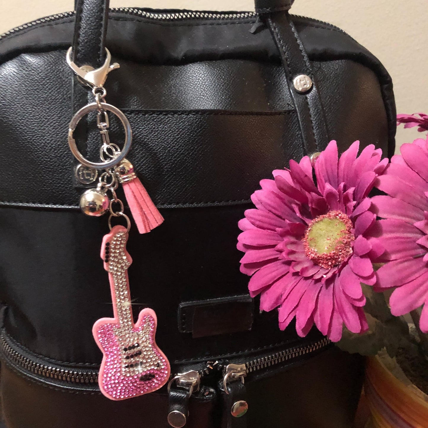Popfizzy Rhinestone Pink Guitar Keychain for Women, Purse Charm, Bag Charm, Gift for Music Fans