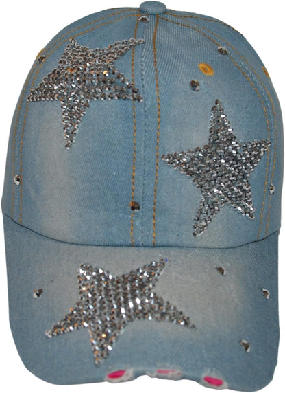 Popfizzy Womens Bling Cap, Star Rhinestone Baseball Cap, Bejeweled Distressed Denim Hat, Bling Gifts for Women
