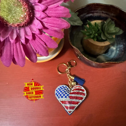 Popfizzy Bling American Flag Keychain for Women and Girls, Purse Charm, Heart Bag Charm, American Flag Gifts, Double Sided