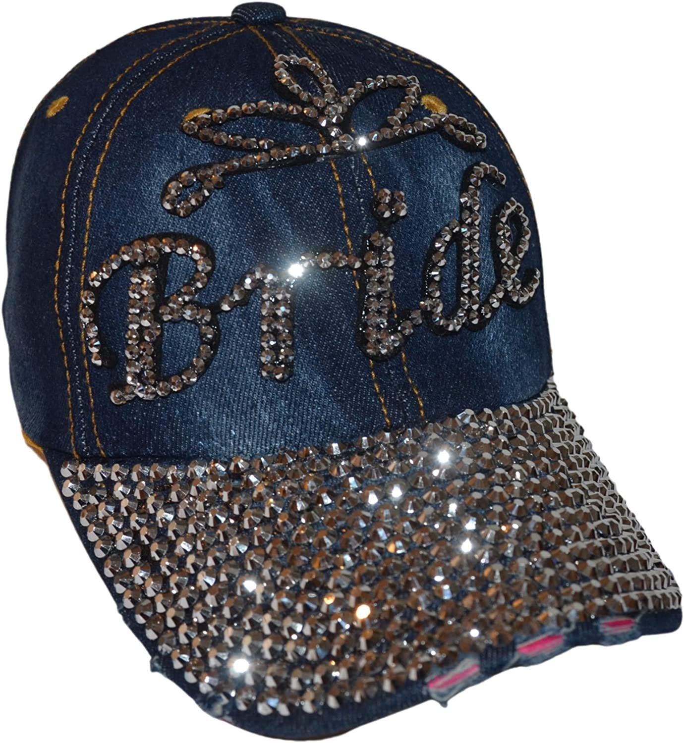 Popfizzy Womens Bling Bride Cap, Rhinestone Baseball Cap, Bejeweled Distressed Denim Hat, Bling Gifts for Women