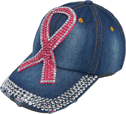 Popfizzy Women’s Distressed Rhinestone Bejeweled Cotton Baseball Hat Sparkle Bling Cap (Pink Ribbon)