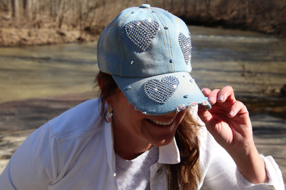 Heart Baseball Cap, Bling Caps for Women and Teenage Girls, Rhinestones Distressed Denim Trucker Hat, Bedazzled Love Cap, Best Friend Gift