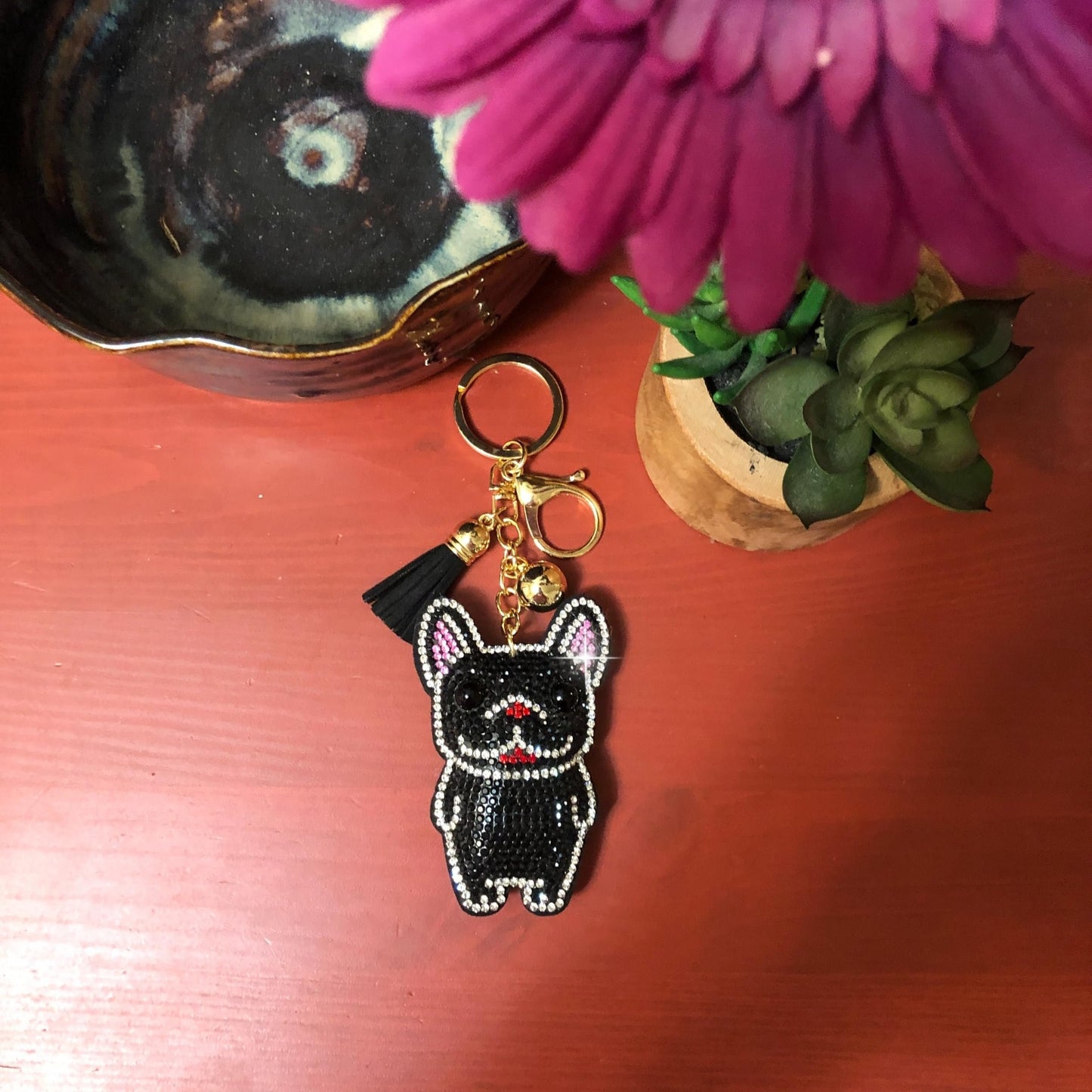 Popfizzy Handmade Black French Bulldog Keychains for Women, Rhinestone Purse Charms for Handbags, Dog Gifts for Dog Lovers