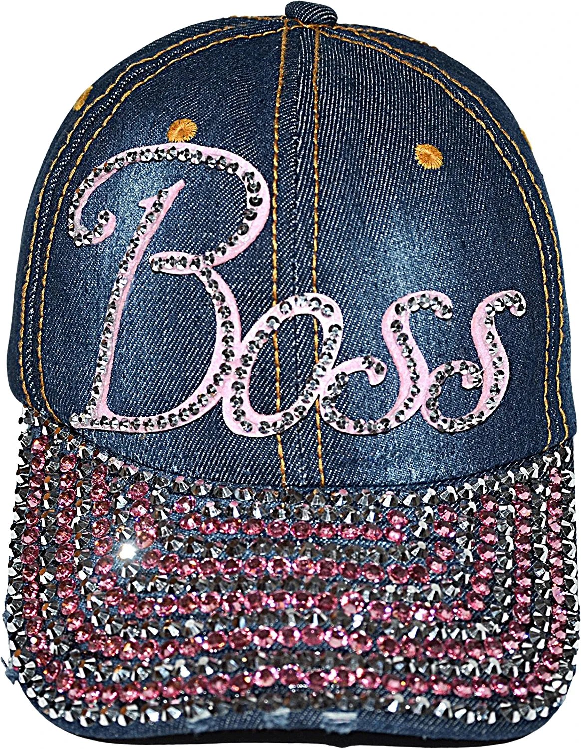 Bling Boss Rhinestone Denim Baseball Hat, Sassy Blue Distressed Cap for Women, Adult