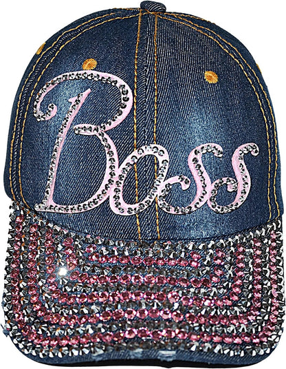 Bling Boss Rhinestone Denim Baseball Hat, Sassy Blue Distressed Cap for Women, Adult