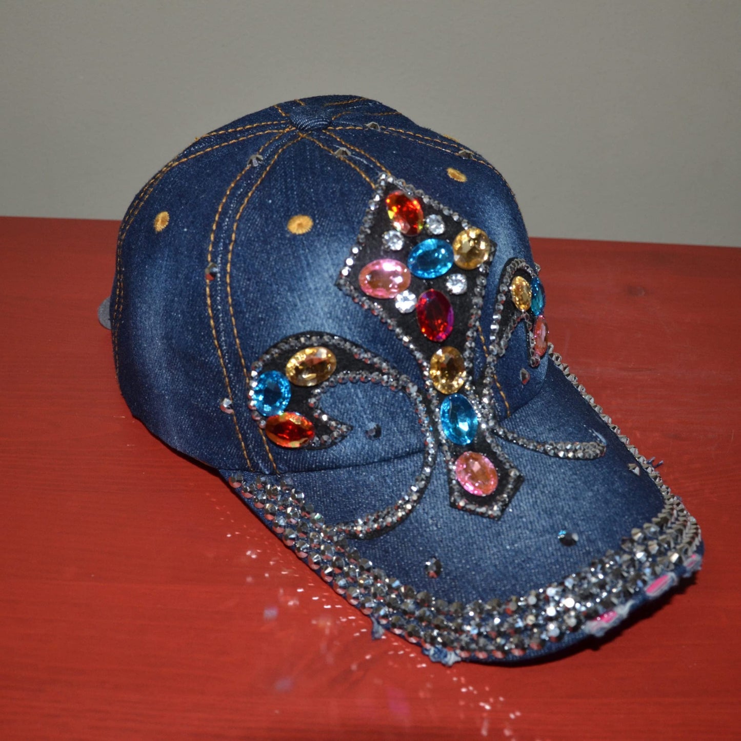 Popfizzy Womens Bling MC Fleur de Lis Baseball Cap, Blue, Cotton, NOLA Gift