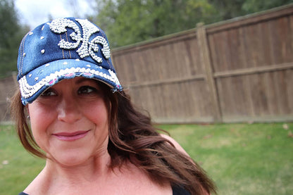 Popfizzy Womens Bling Fleur de Lis Baseball Cap, Blue, Cotton, NOLA Gift