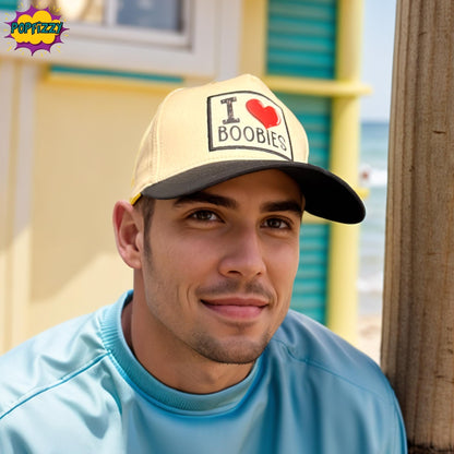 Popfizzy I Love Boobies Funny Hat for Men and Women, Adult Humor Cap, Cotton Baseball Cap, Breast Cancer Gifts for Adults