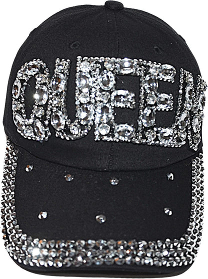 Popfizzy Rhinestone Queen Hat for Women, Bling Trucker Hat, Black Sparkle Ball Cap, Queen Baseball Caps
