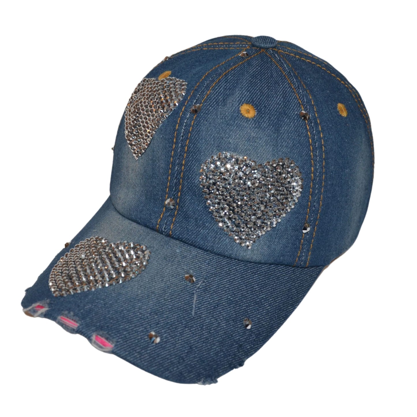 Popfizzy Bling Hat with Hearts for Women and Girls, Rhinestone Heart Hat, Bedazzled Baseball Caps, Fancy Bejeweled Hats, Distressed Denim Hat, Bling Gift for Women