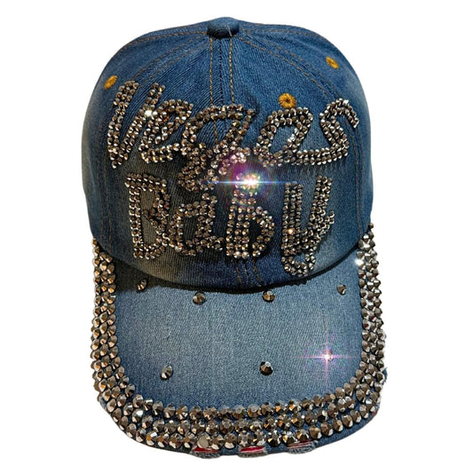 Vegas Baby Rhinestone Trucker Hat - Bling Blue Las Vegas Denim Cap for Women