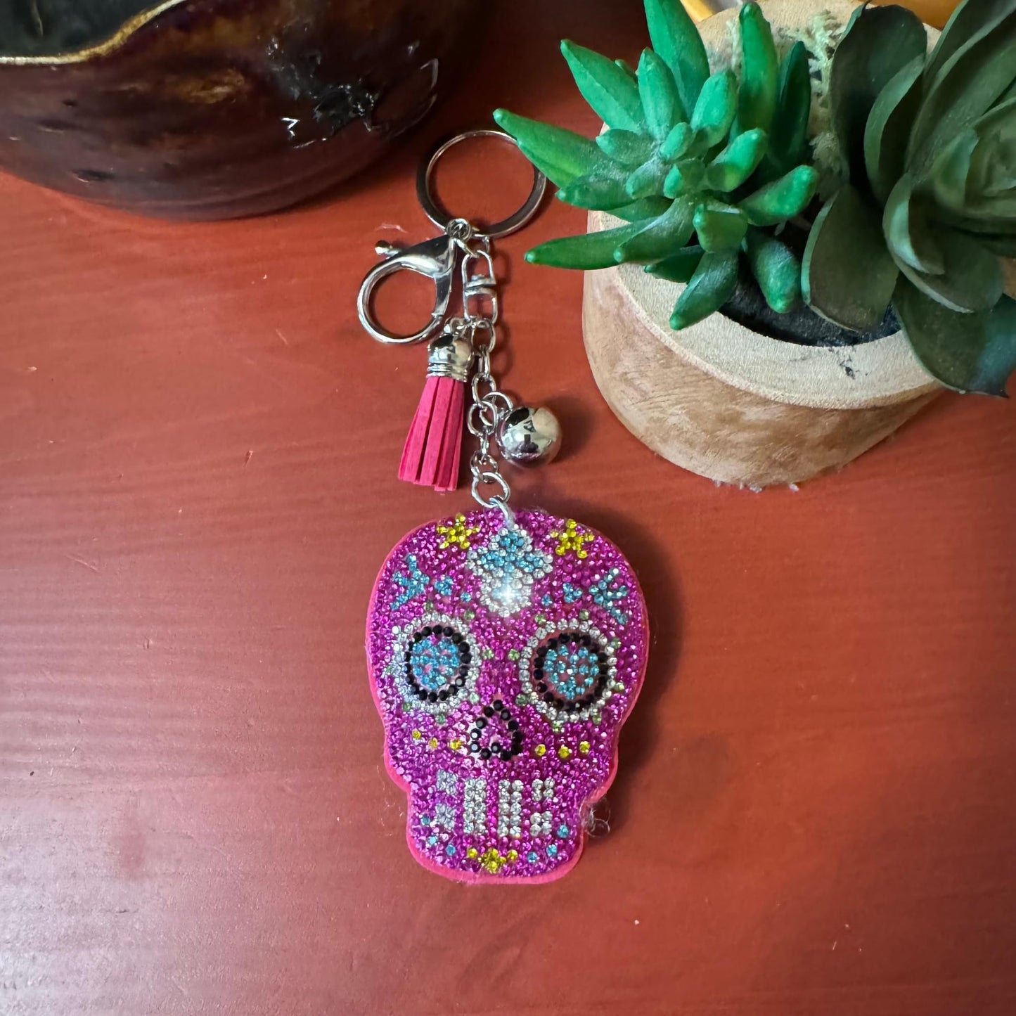Popfizzy Pink Sugar Skull Keychain for Women, Rhinestone Skull Purse Charms for Handbags, Bedazzled Skull Gifts for Women