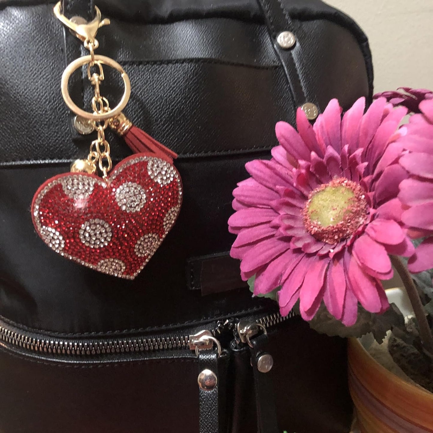 Popfizzy Bling Red Heart Keychain Accessories for Women, Rhinestone Love Heart Purse Charms for Handbags, Red Heart Gifts
