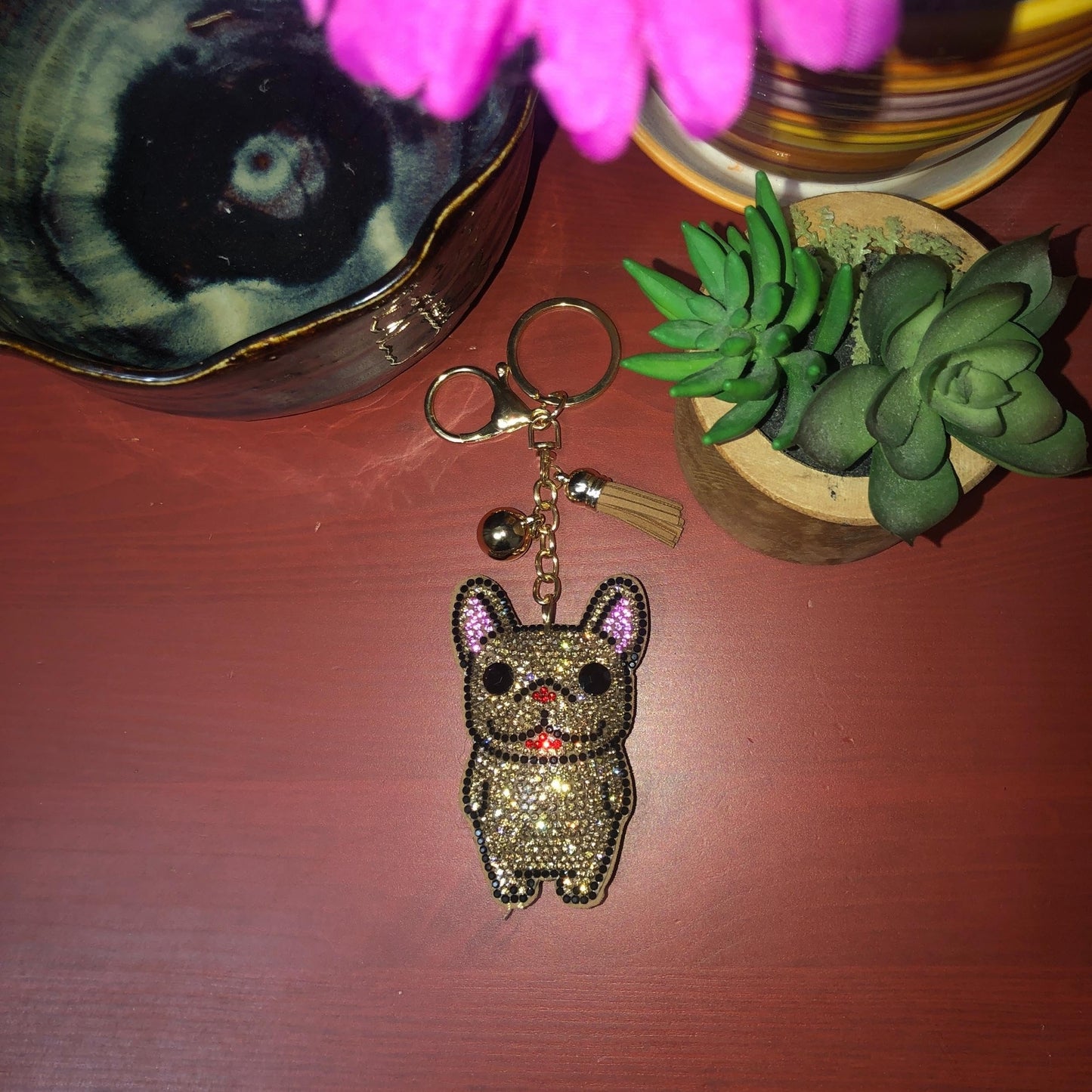 Popfizzy Bling French Bulldog Keychain for Women, Rhinestone Frenchie Dog Keychain Accessories, French Bulldog GiftsCow Accessories