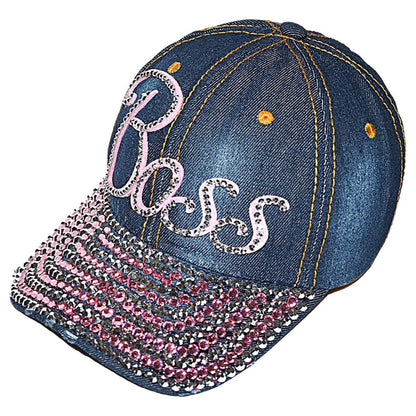 Bling Boss Rhinestone Denim Baseball Hat, Sassy Blue Distressed Cap for Women, Adult