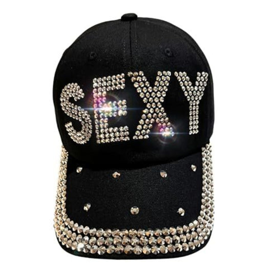 Popfizzy Rhinestone Baseball Cap for Women and Girls, Cute Bedazzled Hats, Shiny Bling Denim and Diamond Hat, Sexy Black