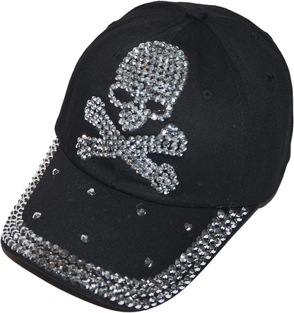Popfizzy Skull Hat for Women and Girls, Biker Trucker Hat, Rhinestone Sparkle Bling Black Baseball Caps, Pirate Hat