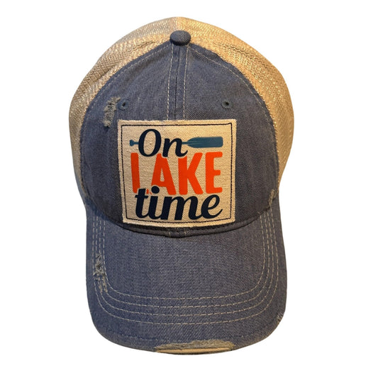 Popfizzy On Lake Time Hat, Funny Vintage Trucker Hat, Mesh Back Baseball Cap, Lake Life Gifts for Women and Men (Light Blue)