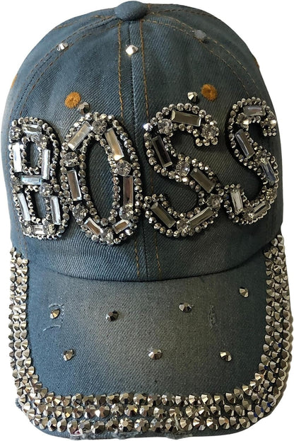 Popfizzy Bling Light Blue Denim Boss Baseball Cap for Women, Best Boss Gifts for Women, Rhinestone Boss Hat, Gifts for Boss Women