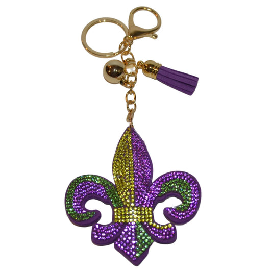 Popfizzy Mardi Gras Fleur De Lis Keychain, Bling Backpack Key Chain, Rhinestone Purse Charms, Crystal Key Fob