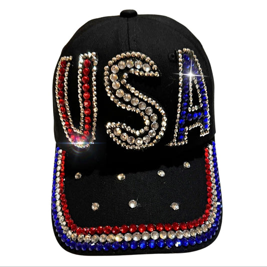 Popfizzy Rhinestone Baseball Cap for Women and Girls, Cute Bedazzled Hats, Shiny Bling Denim and Diamond Hat, USA Black