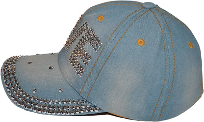 Popfizzy Womens Bling Cap, Bejeweled Rhinestone Baseball Cap, Distressed Denim Hat for Women, Bling Gifts for Women