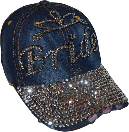 Popfizzy Womens Bling Bride Cap, Rhinestone Baseball Cap, Bejeweled Distressed Denim Hat, Bling Gifts for Women