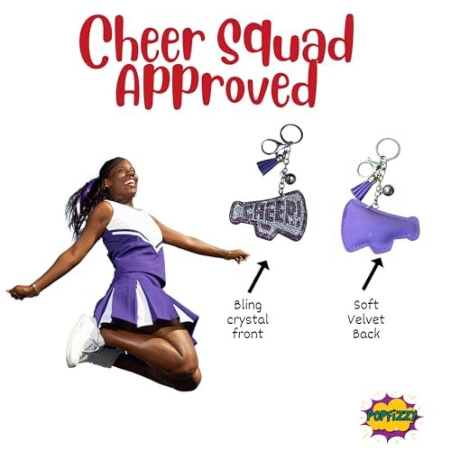 Popfizzy Bling Cheer Keychain for Girls and Women, Rhinestone Cheer Bag Charm, Cheerleader Gifts, Cheerleading Megaphone Backpack Key Chain