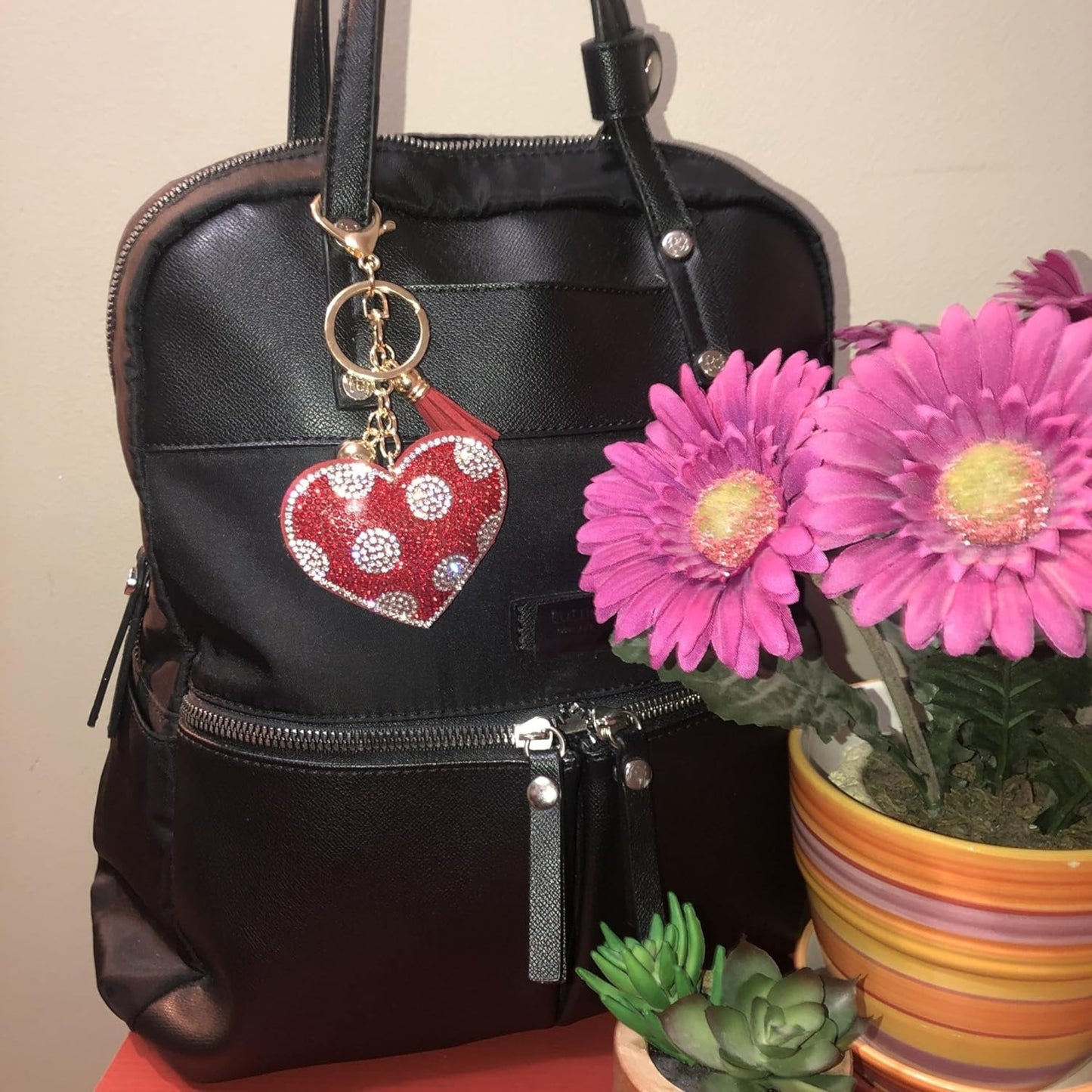 Popfizzy Bling Red Heart Keychain Accessories for Women, Rhinestone Love Heart Purse Charms for Handbags, Red Heart Gifts