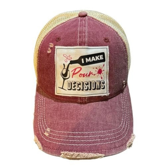 Popfizzy Funny Vintage Trucker Hats for Wine Drinkers, Adult Humor Caps, Distressed Baseball Cap (I Make Pour Decisions)