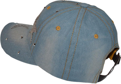 Popfizzy Womens Bling Cap, Star Rhinestone Baseball Cap, Bejeweled Distressed Denim Hat, Bling Gifts for Women