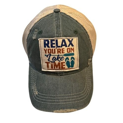 Popfizzy Relax You're on Lake Time Hat, Vintage Trucker Hat, Mesh Back Baseball Cap, Fun Lake Life Gifts for Women and Men