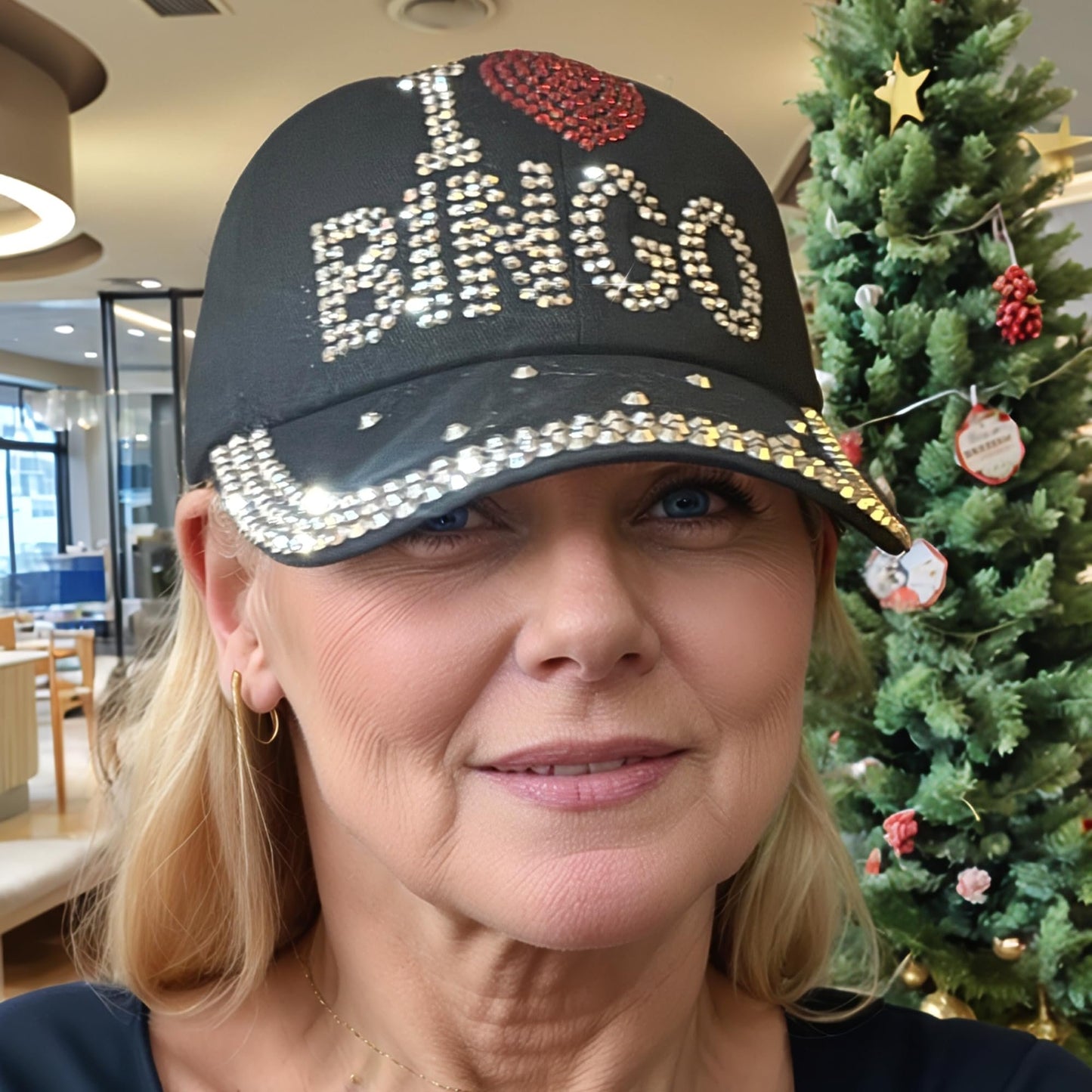 Popfizzy Bingo Lover Baseball Hat for Women, Black Bling Rhinestone I Love Bingo Hat, Adult Bedazzled Bingo Gift