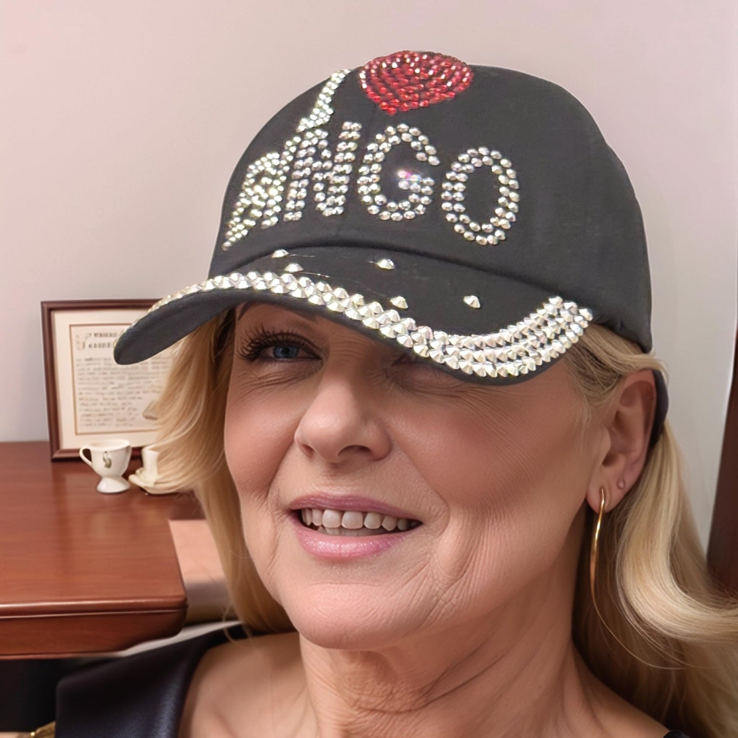 Popfizzy Bingo Lover Baseball Hat for Women, Black Bling Rhinestone I Love Bingo Hat, Adult Bedazzled Bingo Gift