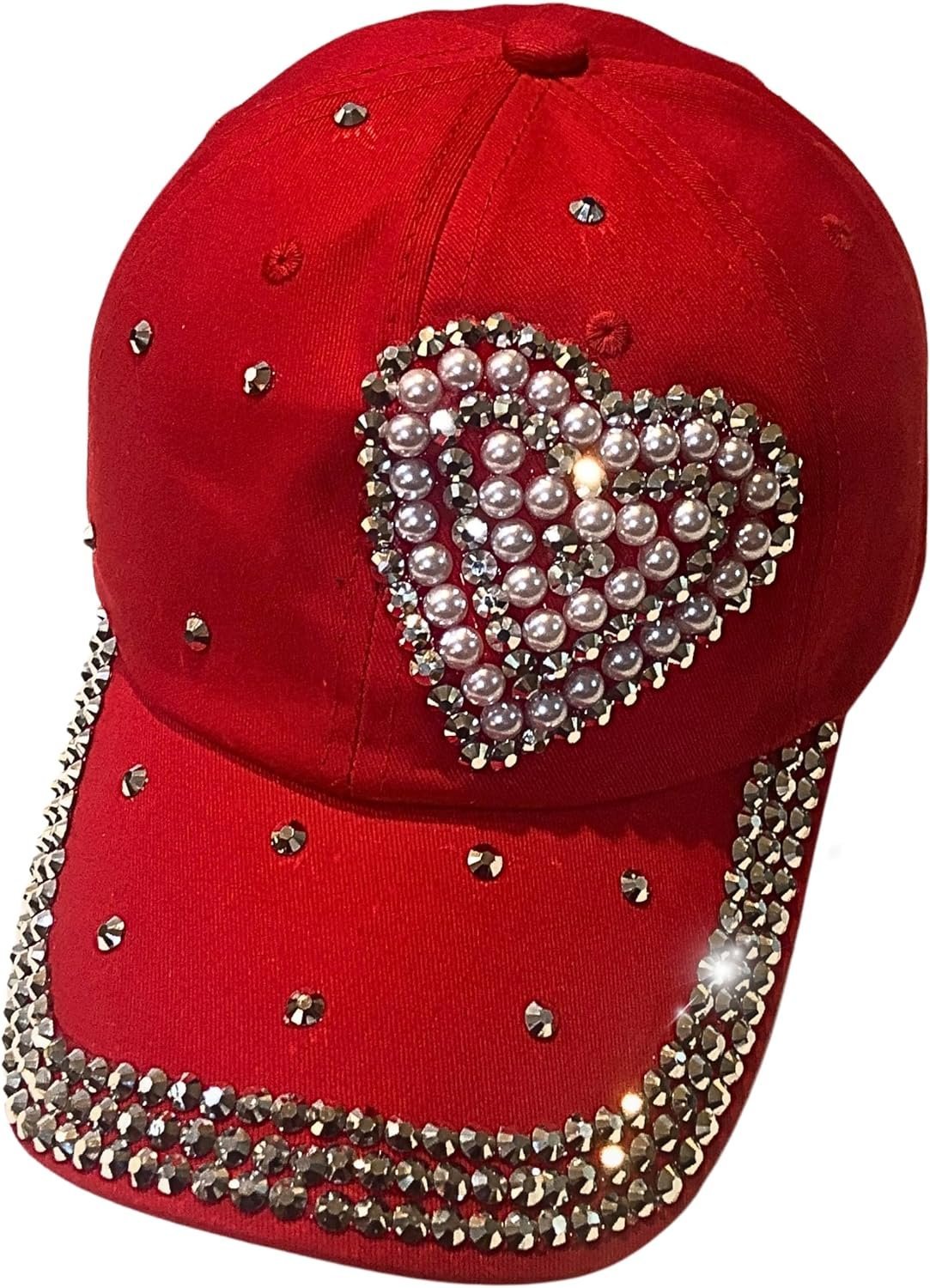 Popfizzy Bling Red Pearl Heart Hat for Women, Adult Hat, Cotton