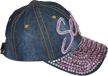 Popfizzy Rhinestone Sexy Hat for Women, Bling Denim Baseball Cap with Words, Fancy Ballcap