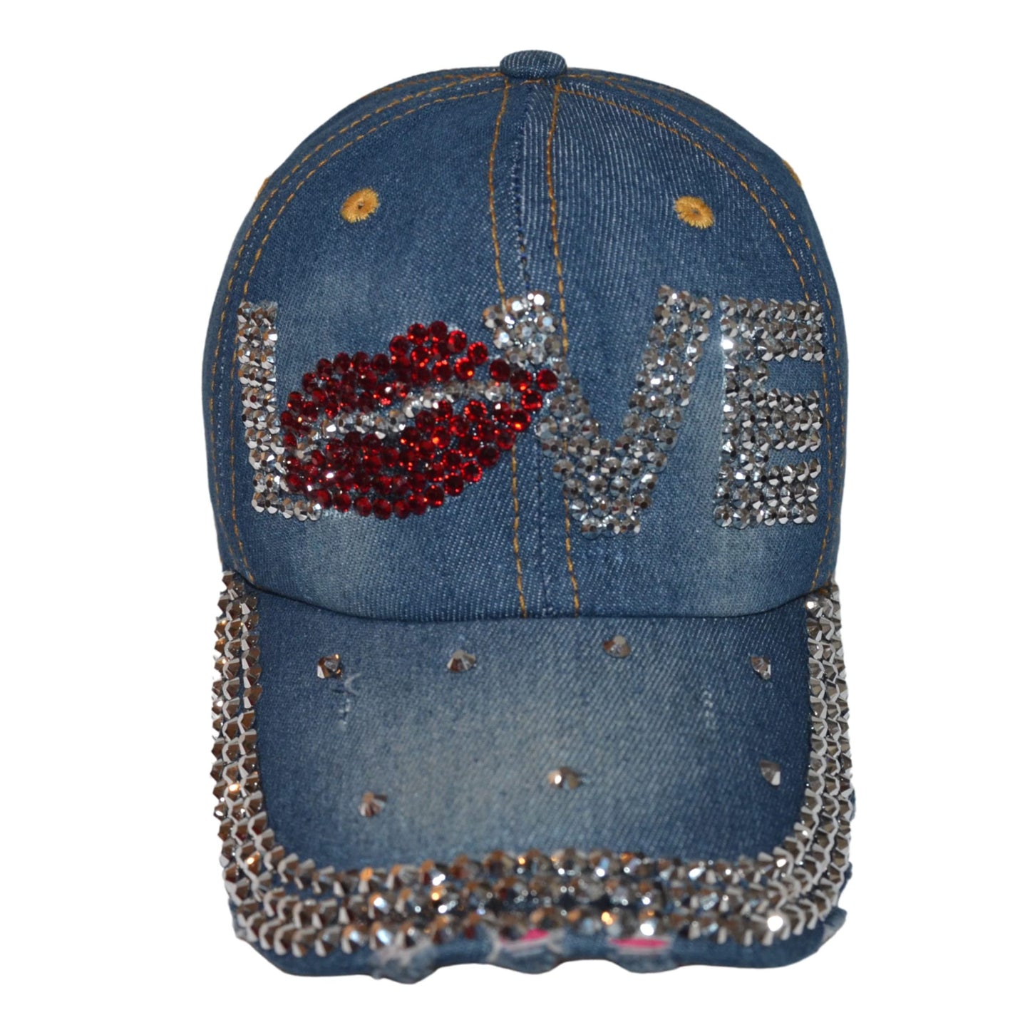 Popfizzy Bling Love Cap for Women, Rhinestone Love Hat, Bedazzled Baseball Caps, Distressed Denim Hats, Fancy Bejeweled Hats, Bling Gifts for Women