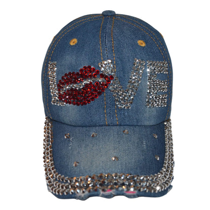 Popfizzy Bling Love Cap for Women, Rhinestone Love Hat, Bedazzled Baseball Caps, Distressed Denim Hats, Fancy Bejeweled Hats, Bling Gifts for Women