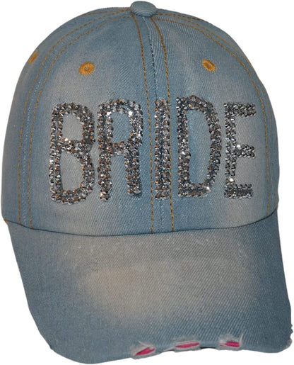 Popfizzy Womens Bling Bride Cap, Rhinestone Baseball Cap, Bejeweled Distressed Denim Hat, Bling Gifts for Women