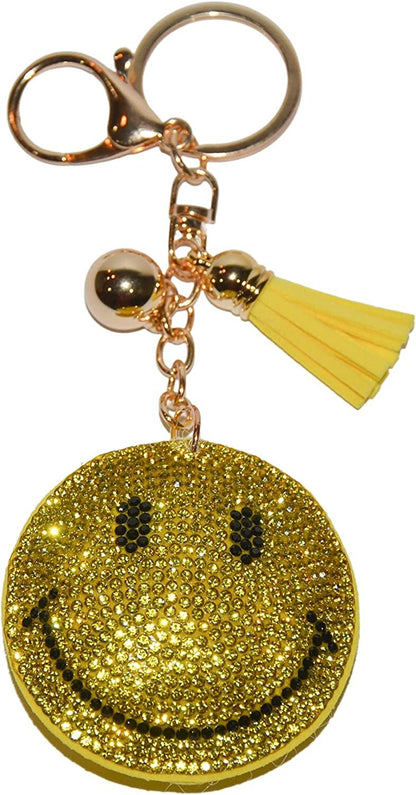 Yellow Smiley Face Keychain, Rhinestone Happy Face Purse Charm, Bling Backpack Key Fob, Crystal Bag Charms